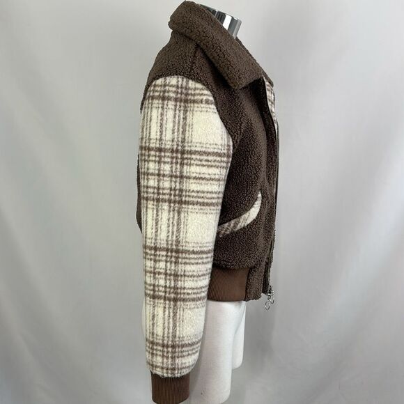 Jonathan Simkhai Tan Fleece w Plaid Trim Zip Bomber Jacket - Picture 4 of 7